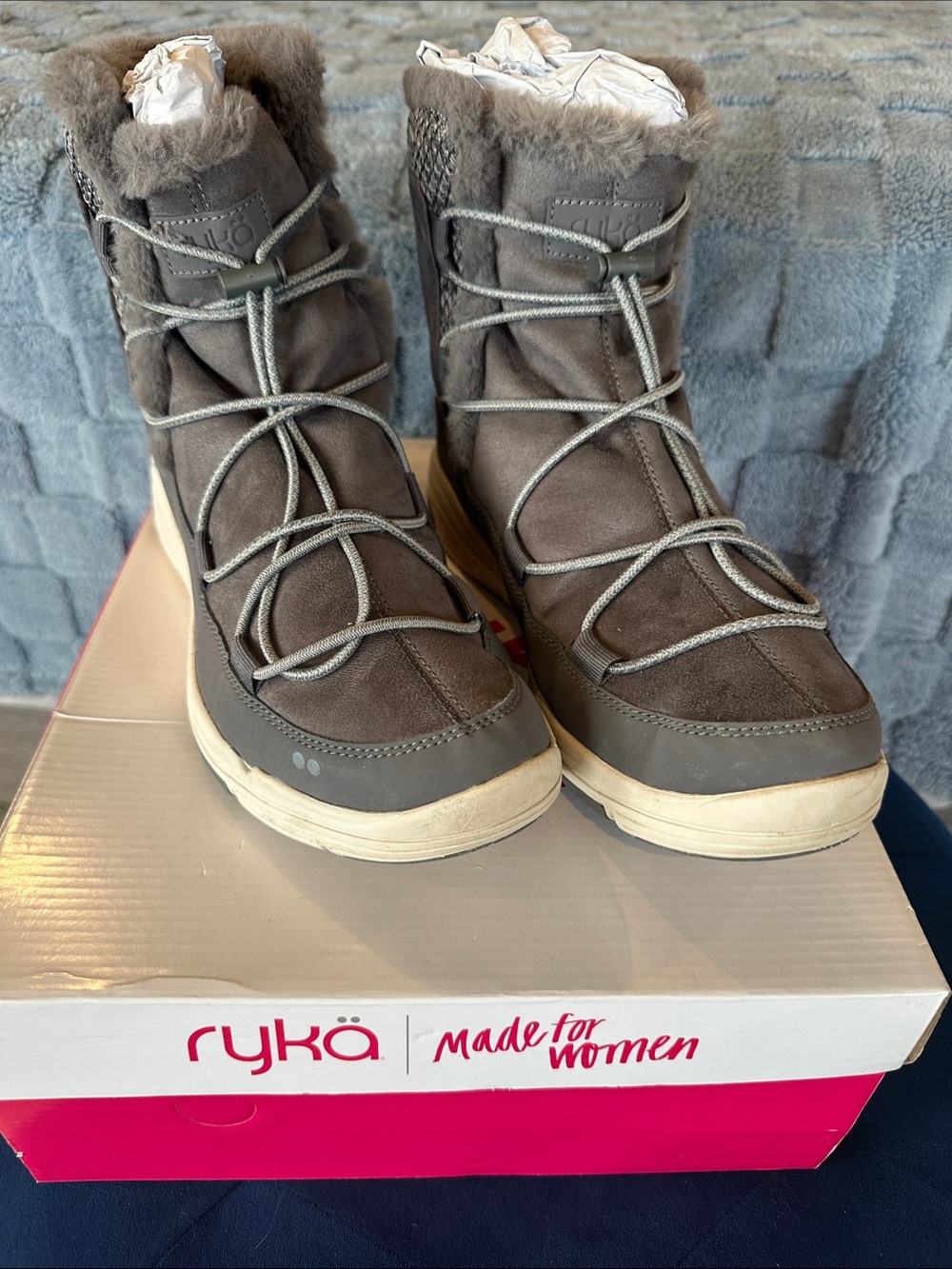 Ryka Women's Gray Faux-Fur Lace-Up Winter Boots